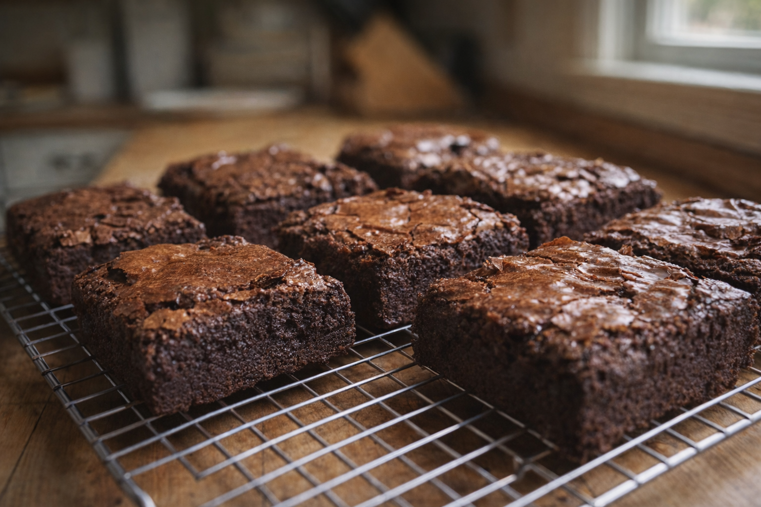 A batch of freshly baked fudgy brownies cooling on a wire rack, close-up shot, natural light, showing the crackled tops and dense texture